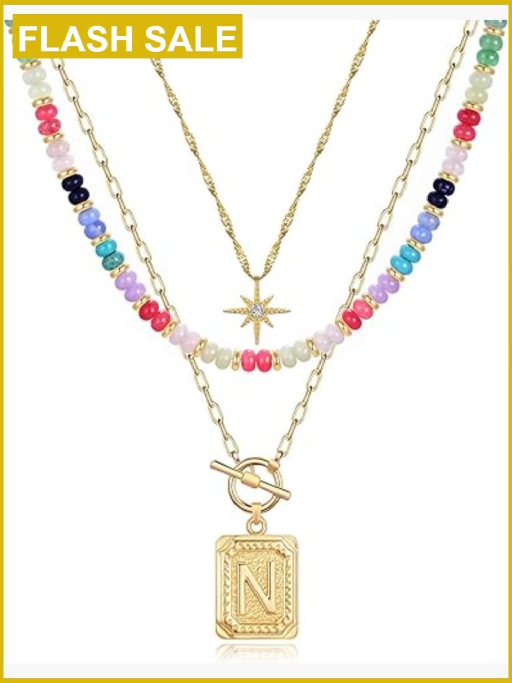 14K Gold Layered Initial Star Choker Necklace Set 3 Piece